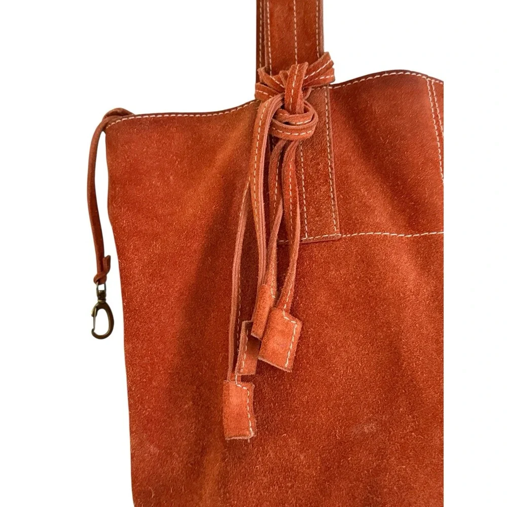 Leather Suede Brown Cognac Purse‎ Bag Boho Bohemian Stitching Key Strap Lining